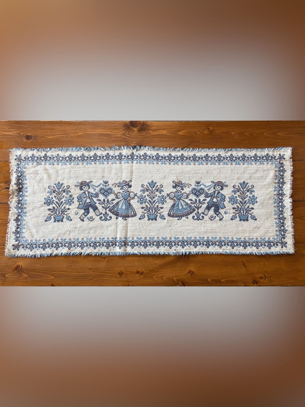 VTG Austrian Woven Folk Art Table Runner with Blue and Cream Motif 36” - Picture 1 of 5